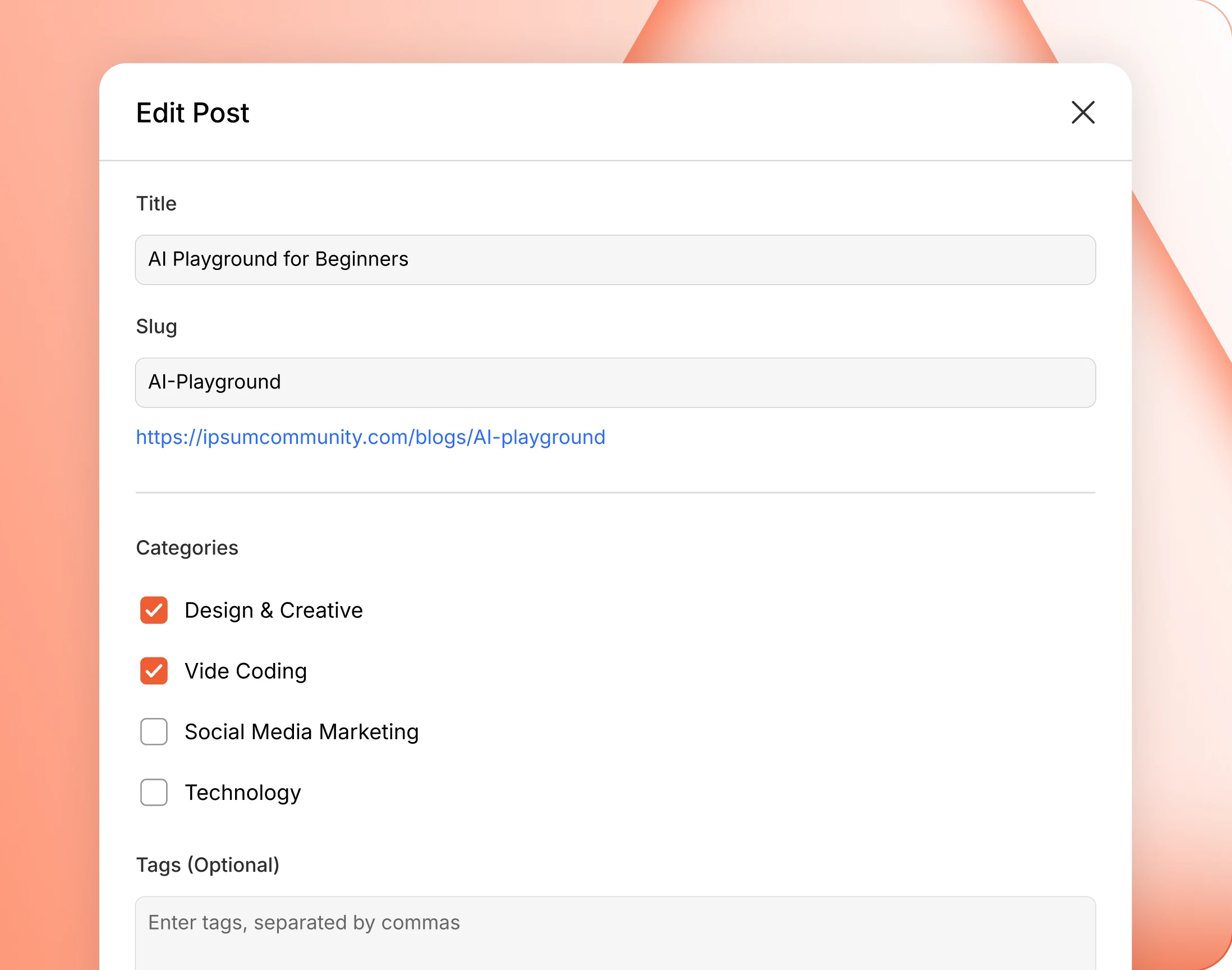 The edit dialog covering slug categories author and visibility