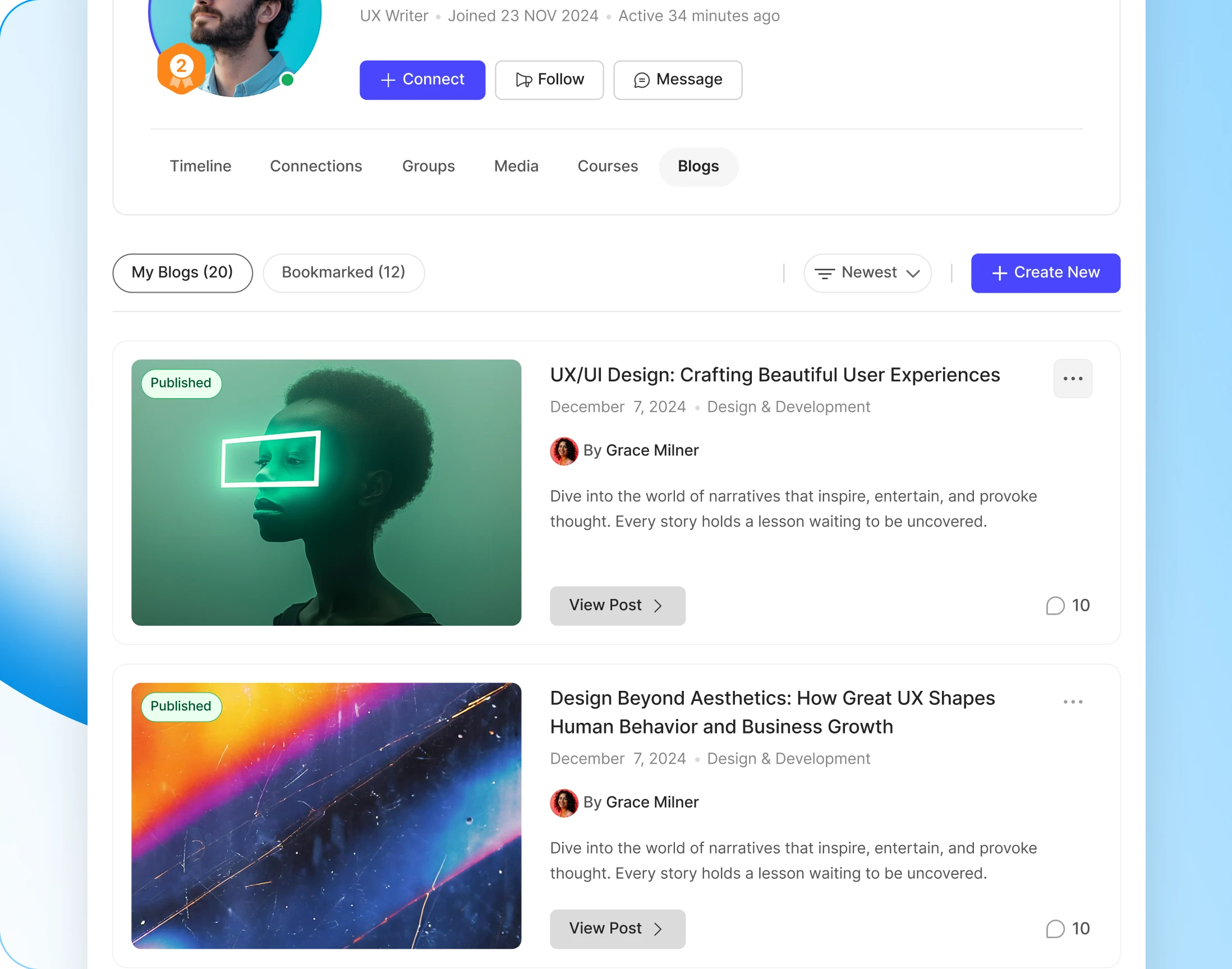 The profile Blogs tab listing a member's posts with their statuses