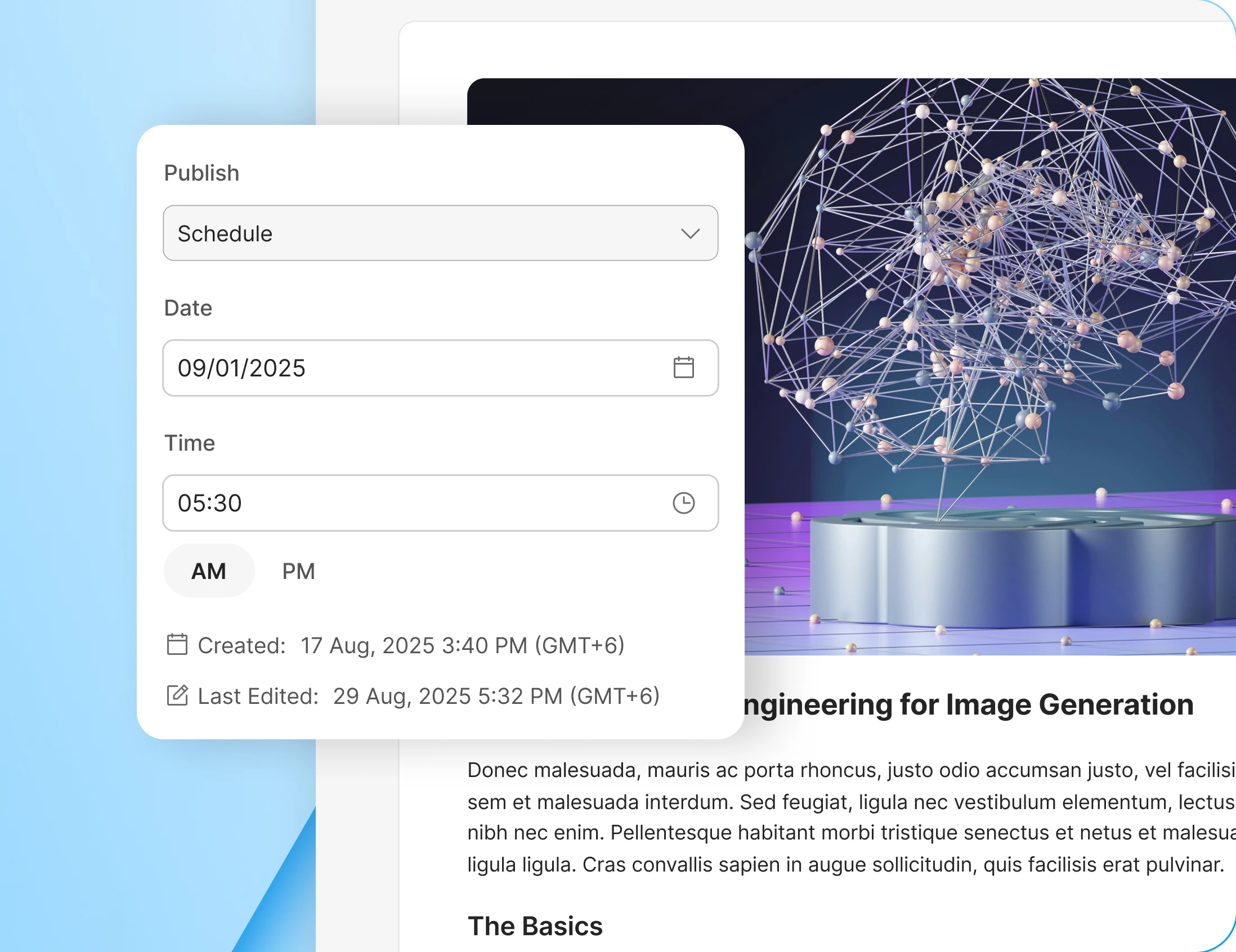 The publish panel set to a future date and time