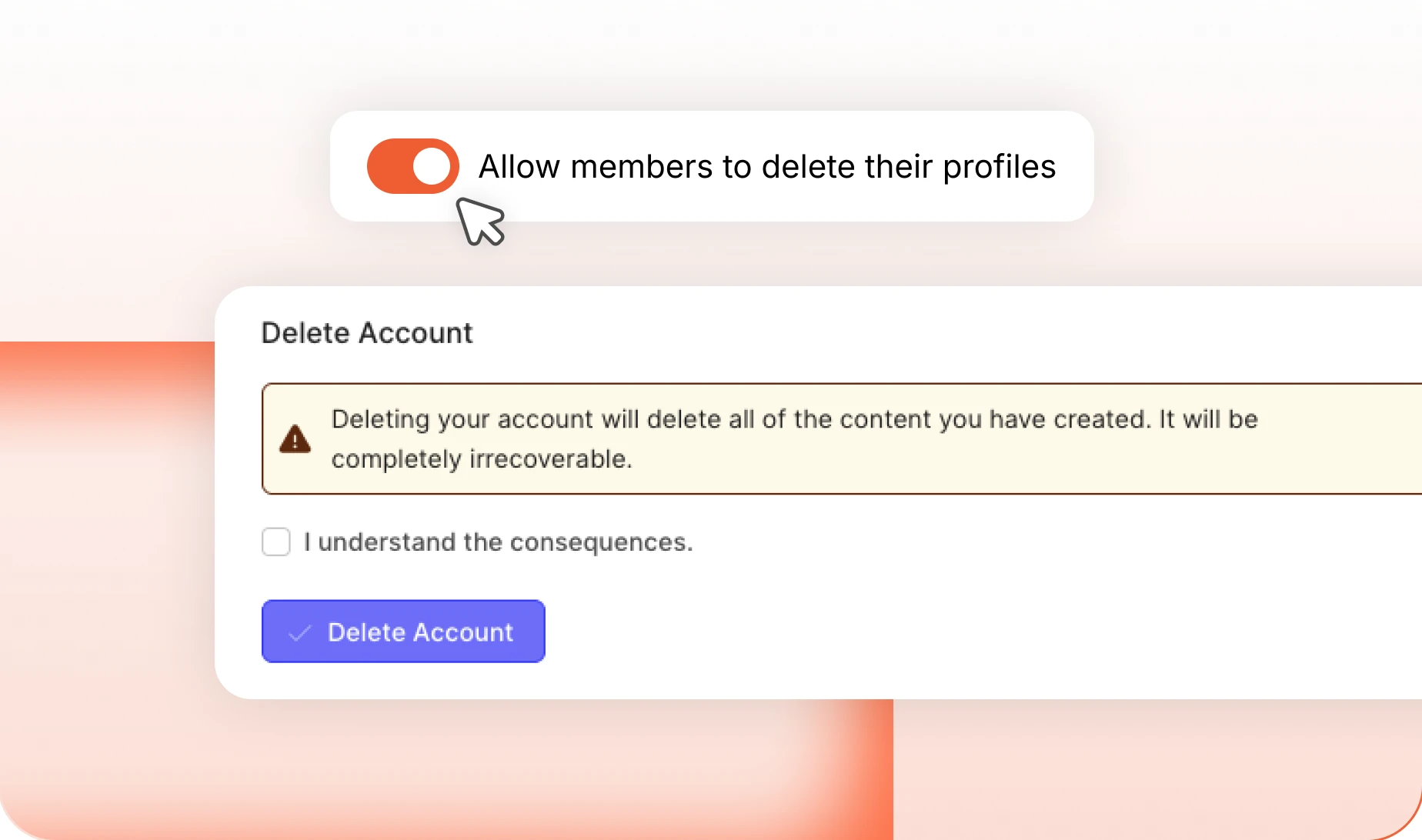 The account deletion setting in a member's profile settings