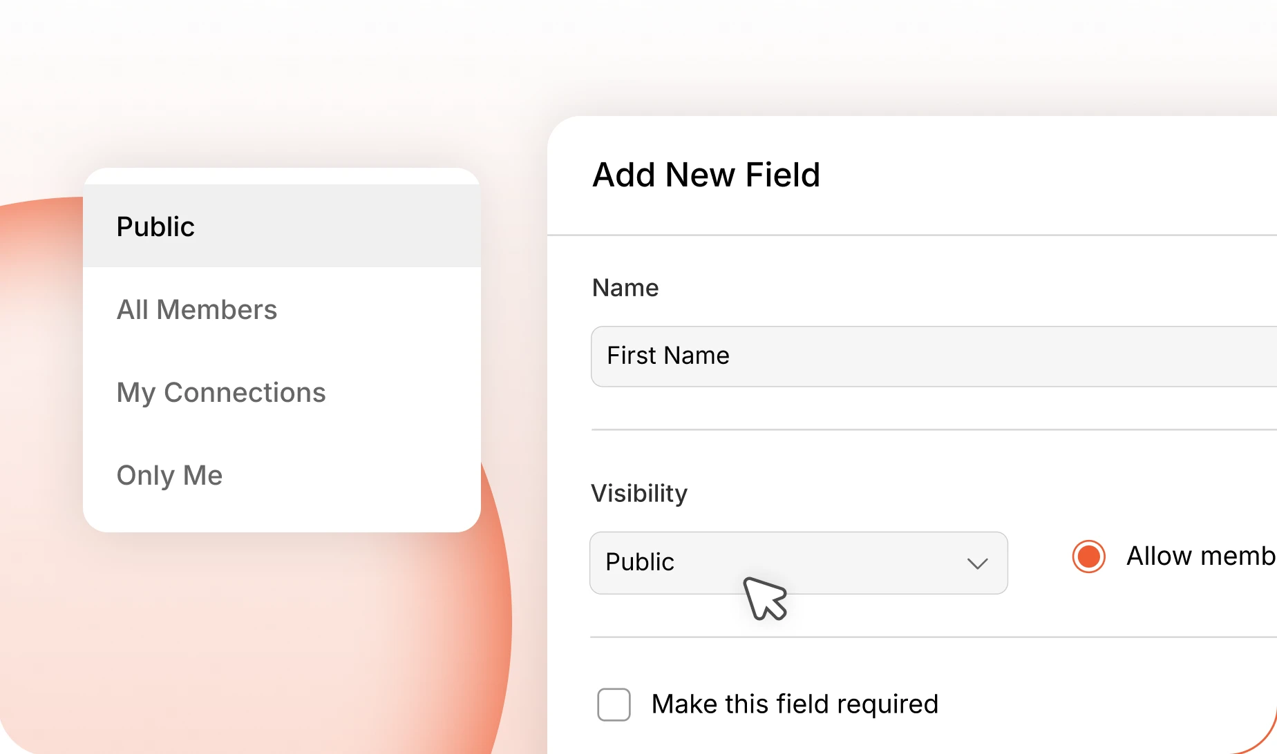 A profile field's visibility menu — Public, All Members, My Connections, Only Me
