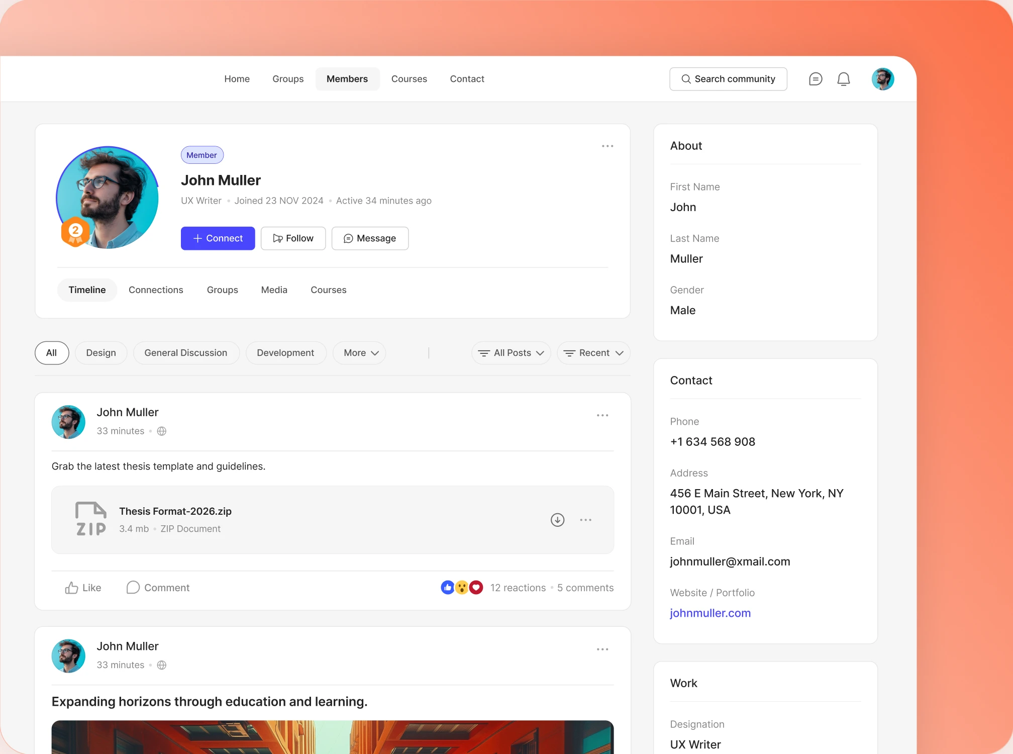 A BuddyBoss member profile on desktop and on a phone side by side