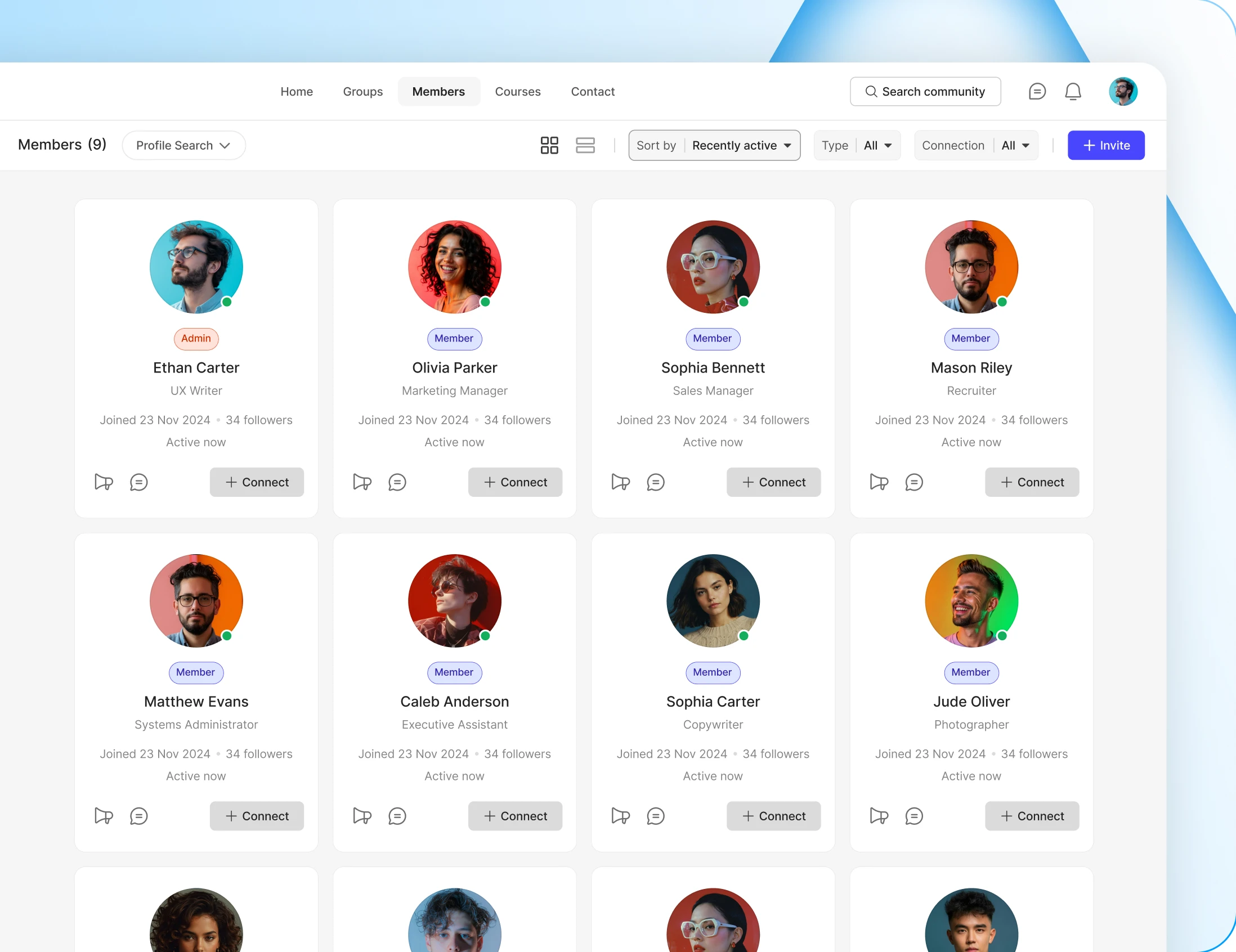 The member directory in grid view with sort and filter controls
