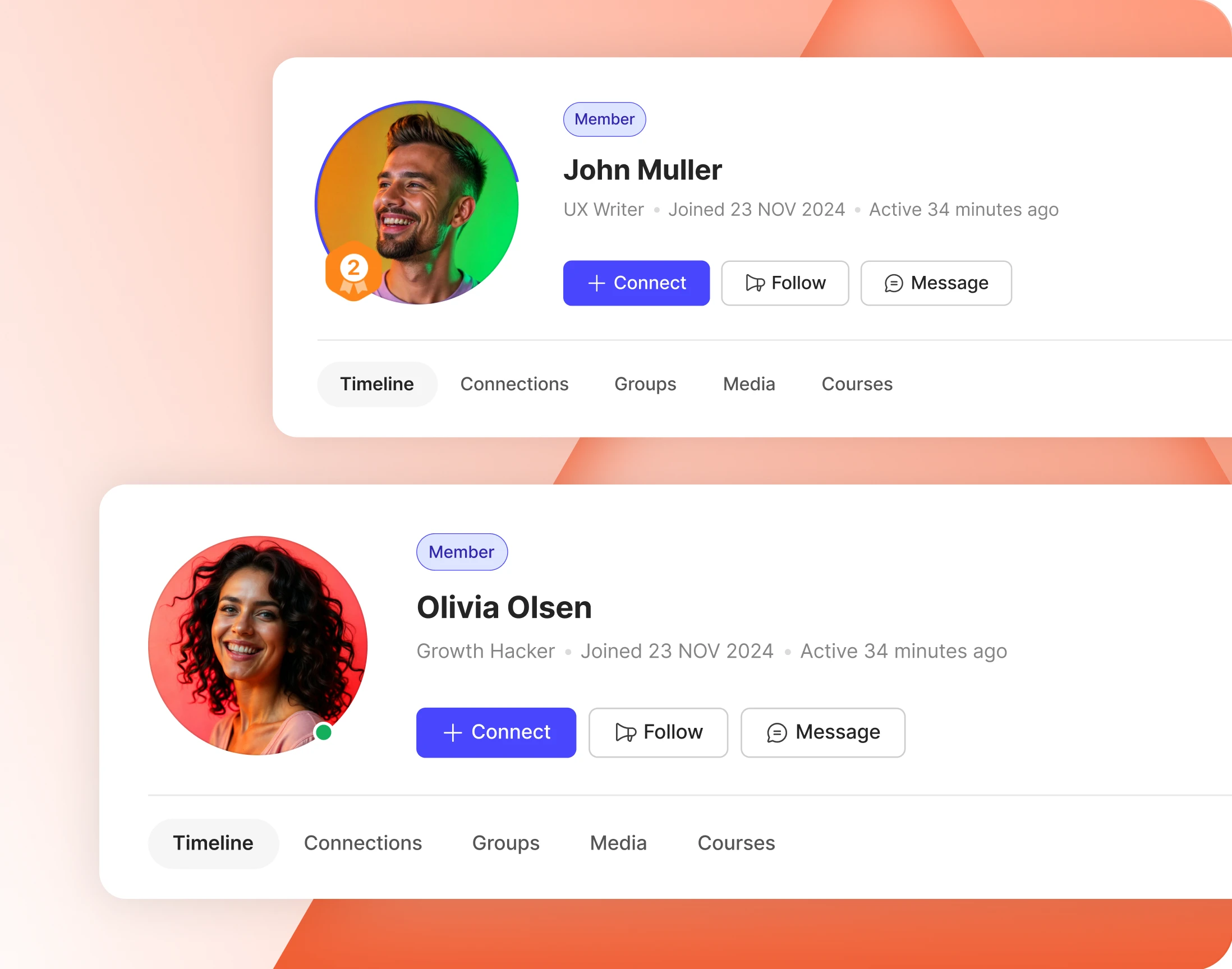 A member profile header with cover image avatar and profile actions