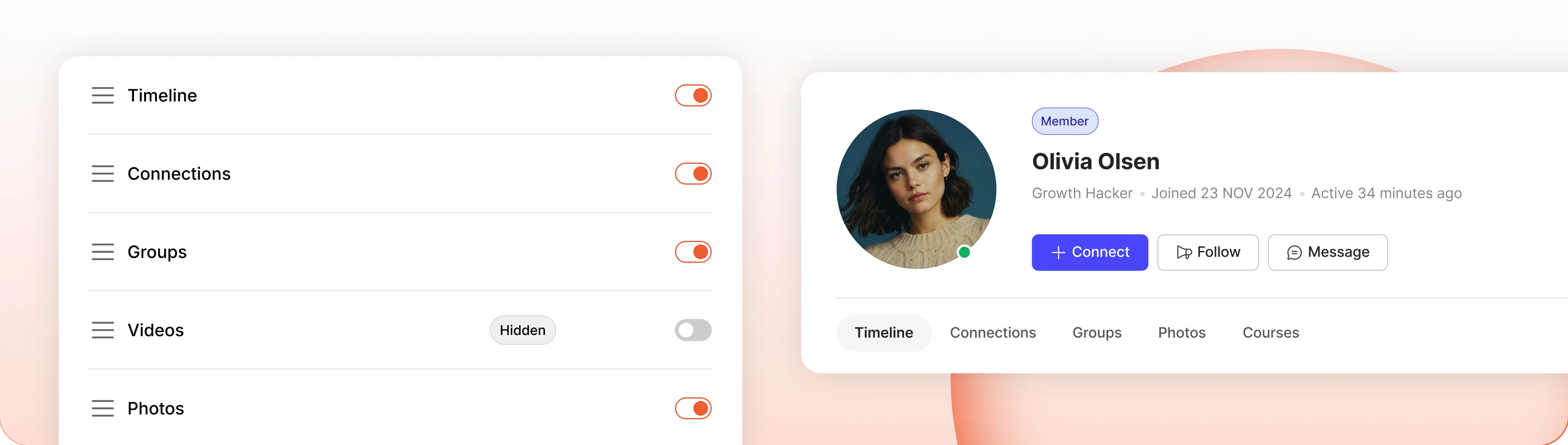 Profile tabs  Timeline Connections Groups Media Forums Documents