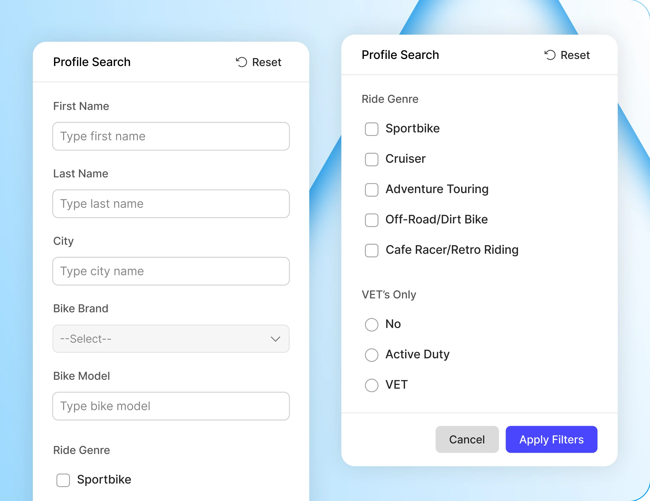 Advanced directory search with fields such as city skills and industry