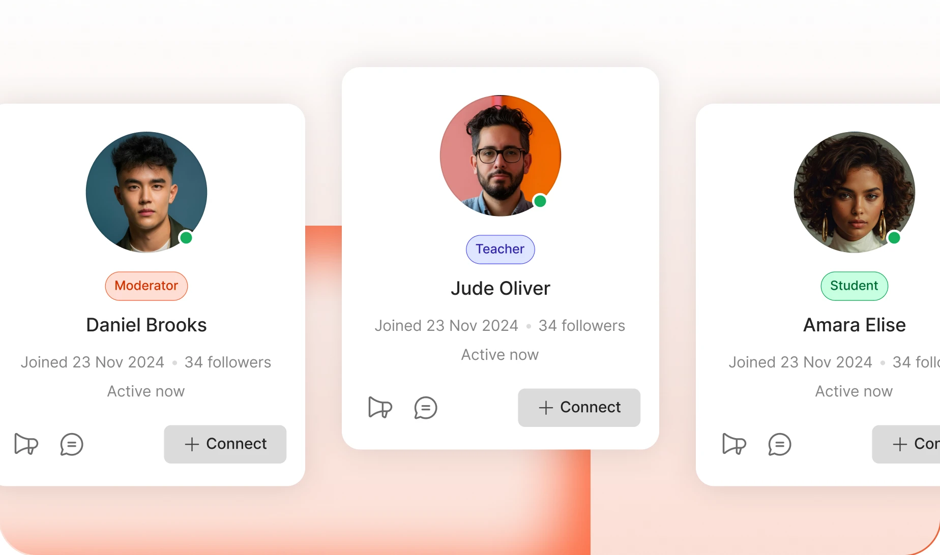 Colour coded profile type labels on member cards