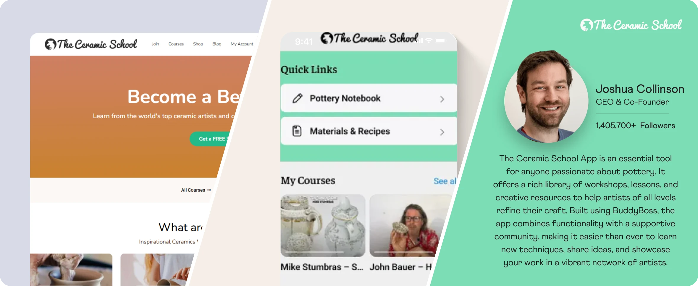 The Ceramic School app website course screen and app store listing