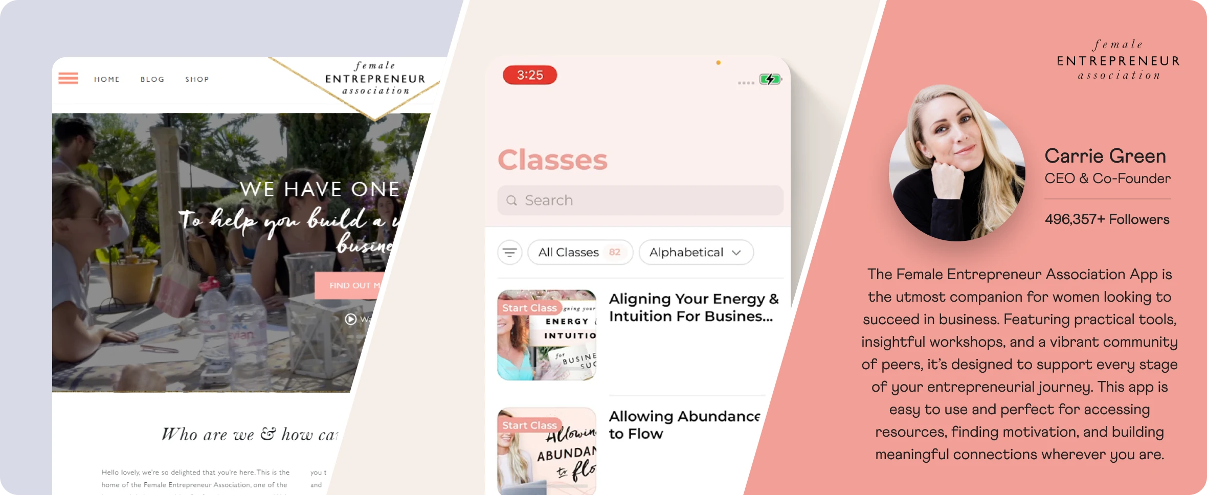 The FEA app website course screen and app store listing