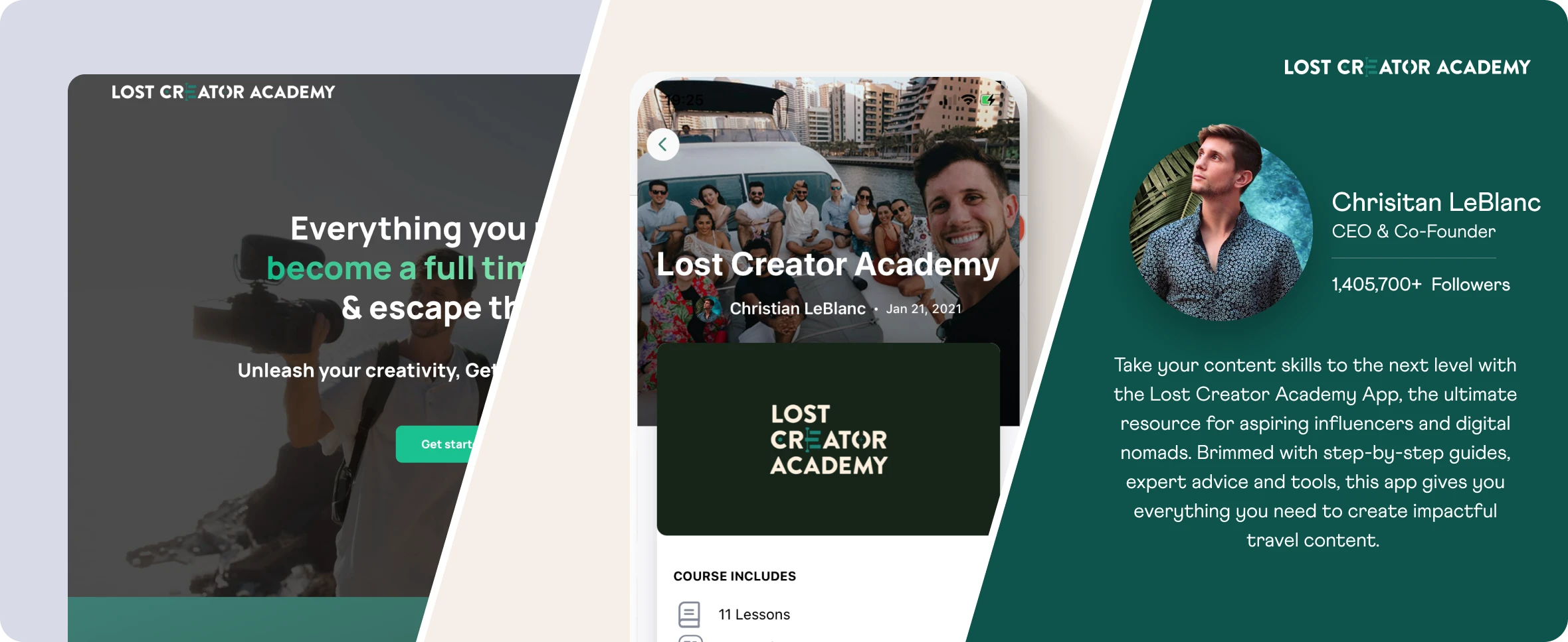 The Lost Creator Academy app website course screen and app store listing