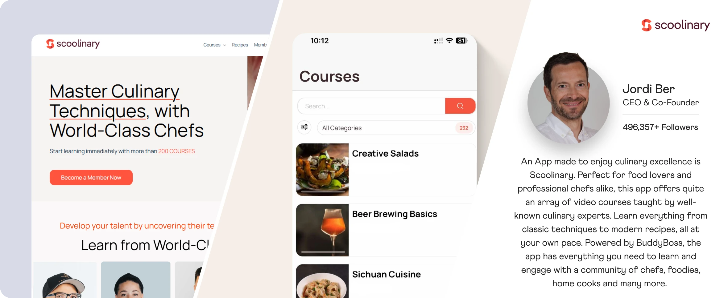 The Scoolinary app website course screen and app store listing