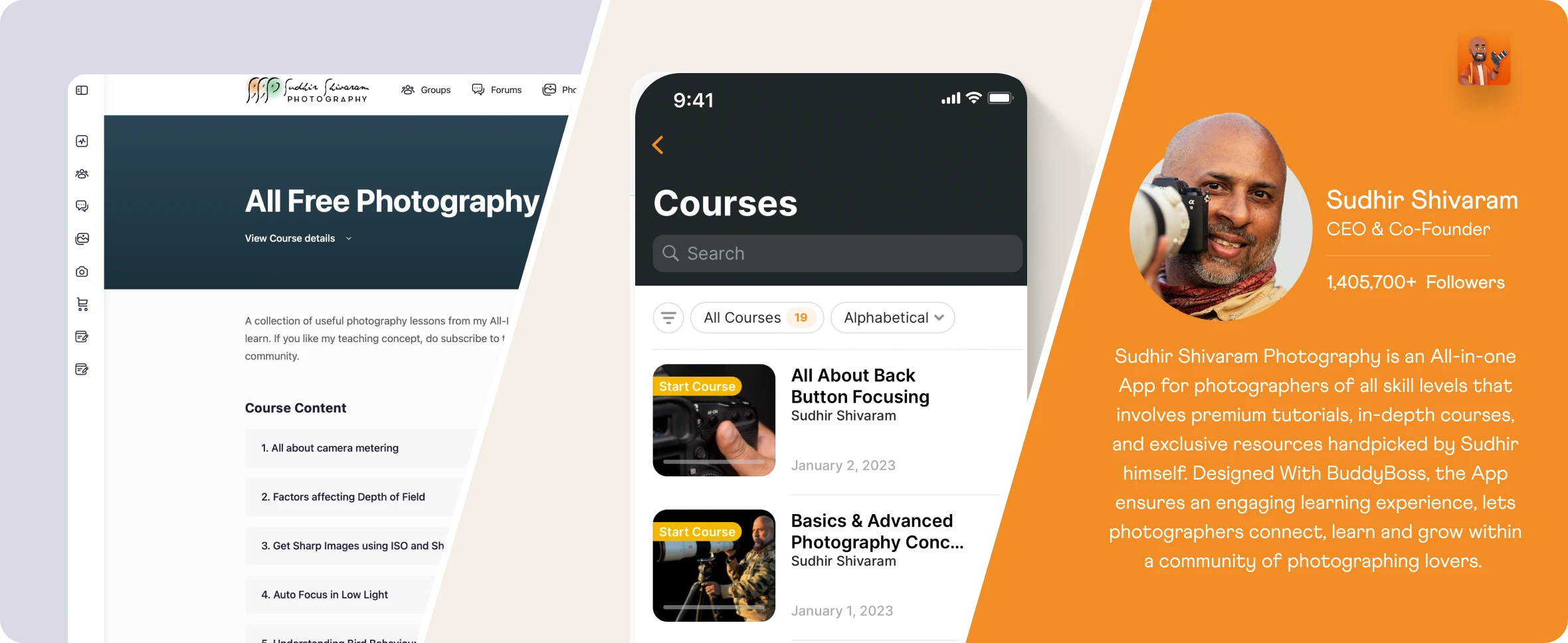 The Sudhir Shivaram Photography app website course screen and app store listing