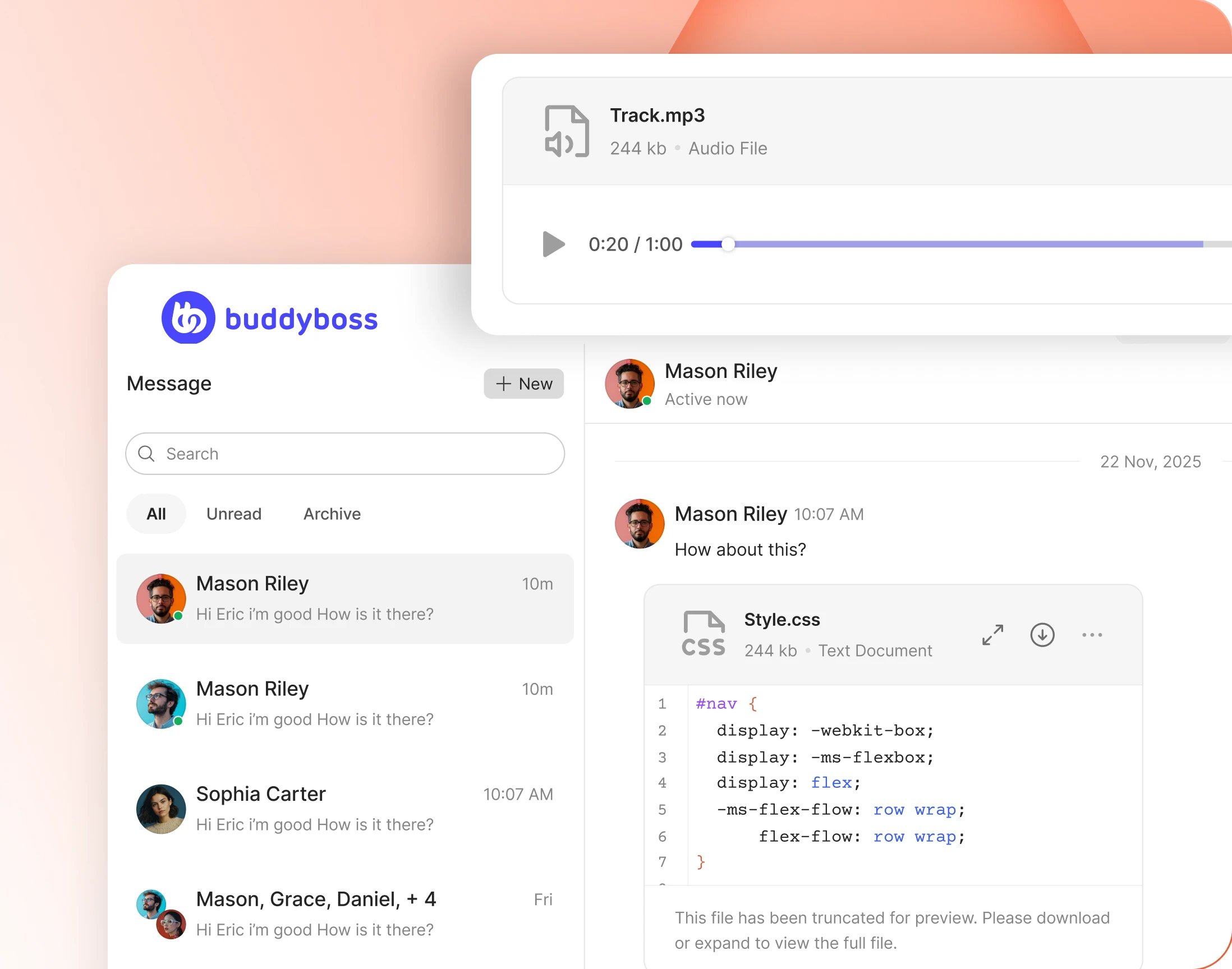An audio attachment playing in a thread beside a code file preview