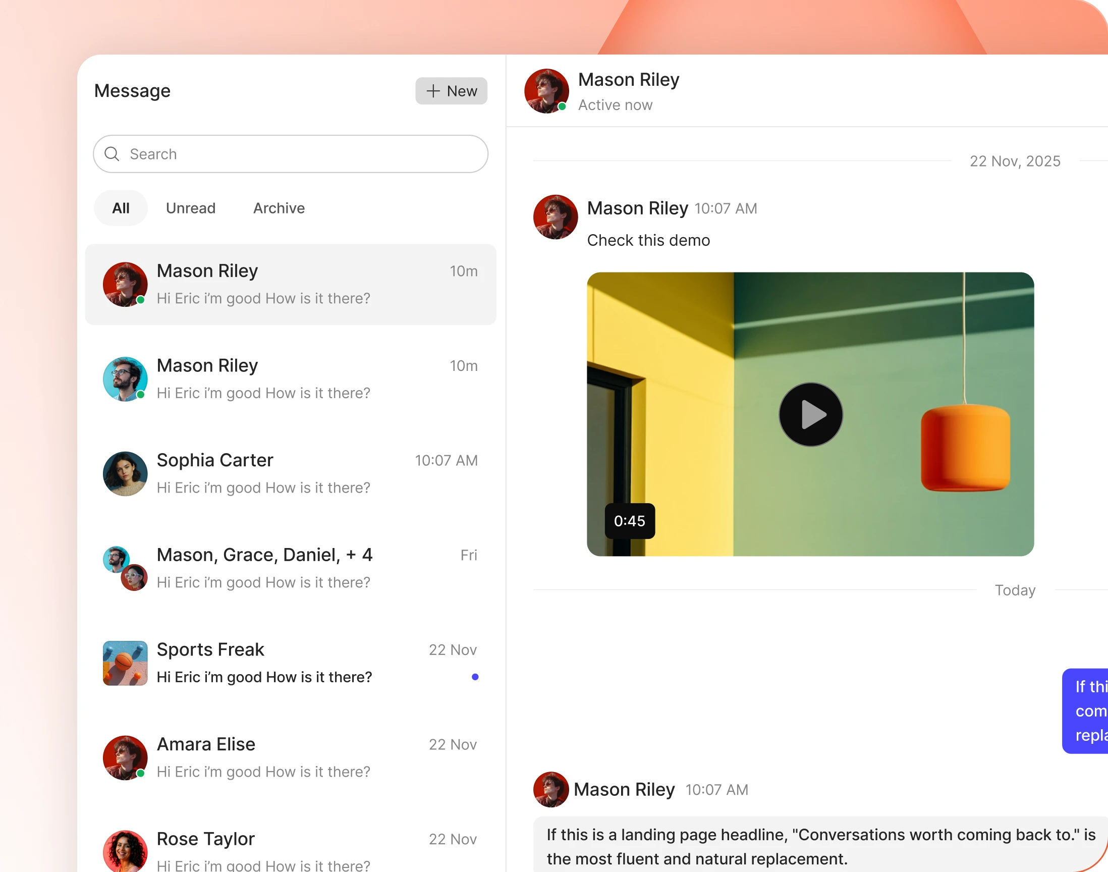 The messages inbox filtered by All Unread and Archive