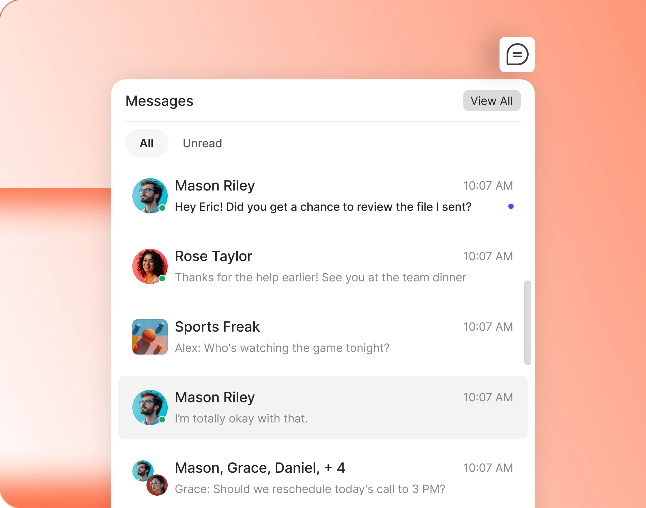 The messages popup dropping from the navbar icon one row per thread
