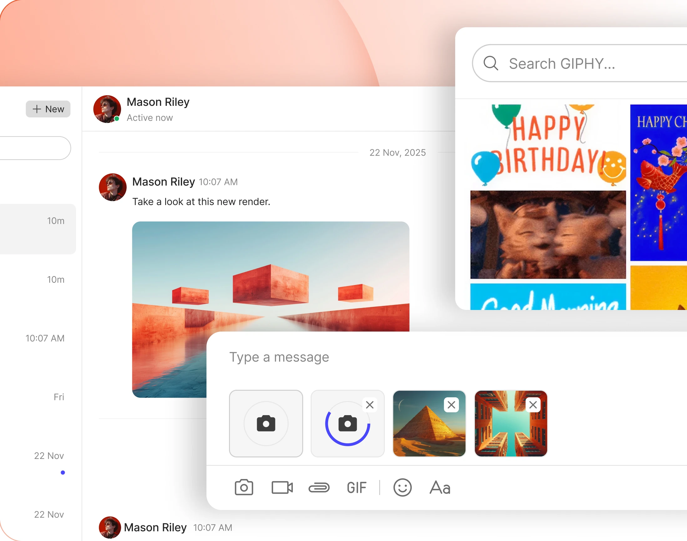 The message input box with camera video attachment and GIF buttons