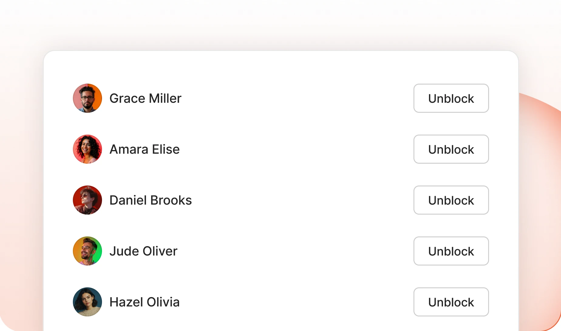 A member's blocked-members list, each with an Unblock button