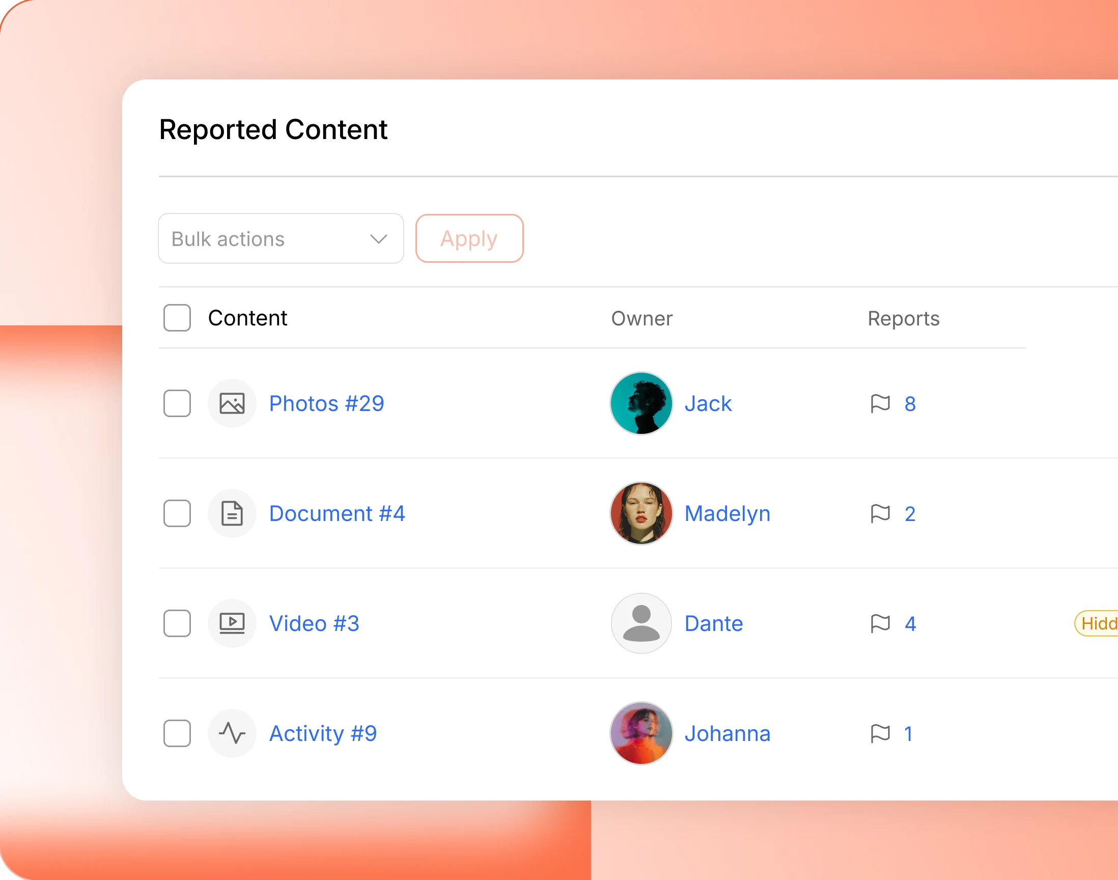 A single table of reported content of every type with owners