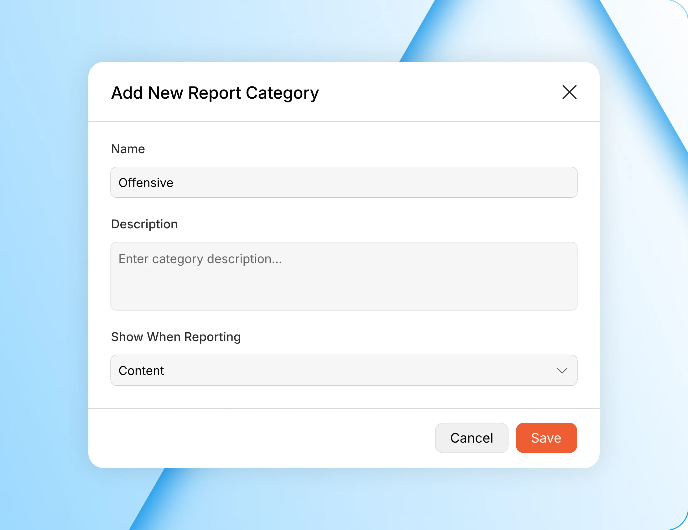 The reporting categories admin with names and descriptions