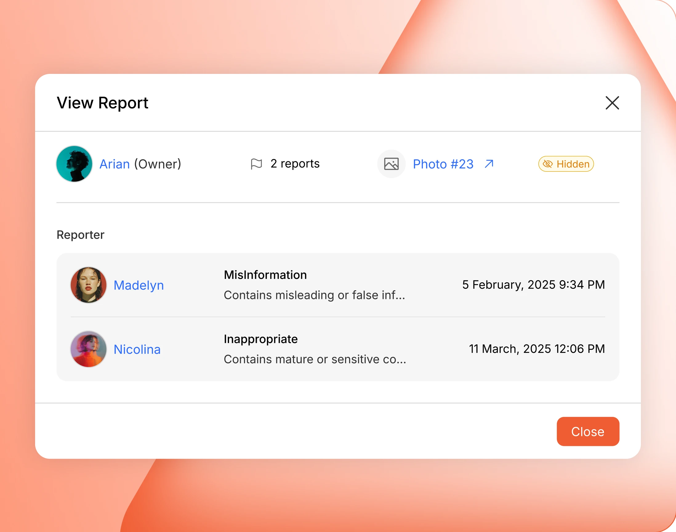 A report detail view listing every reporter category and timestamp