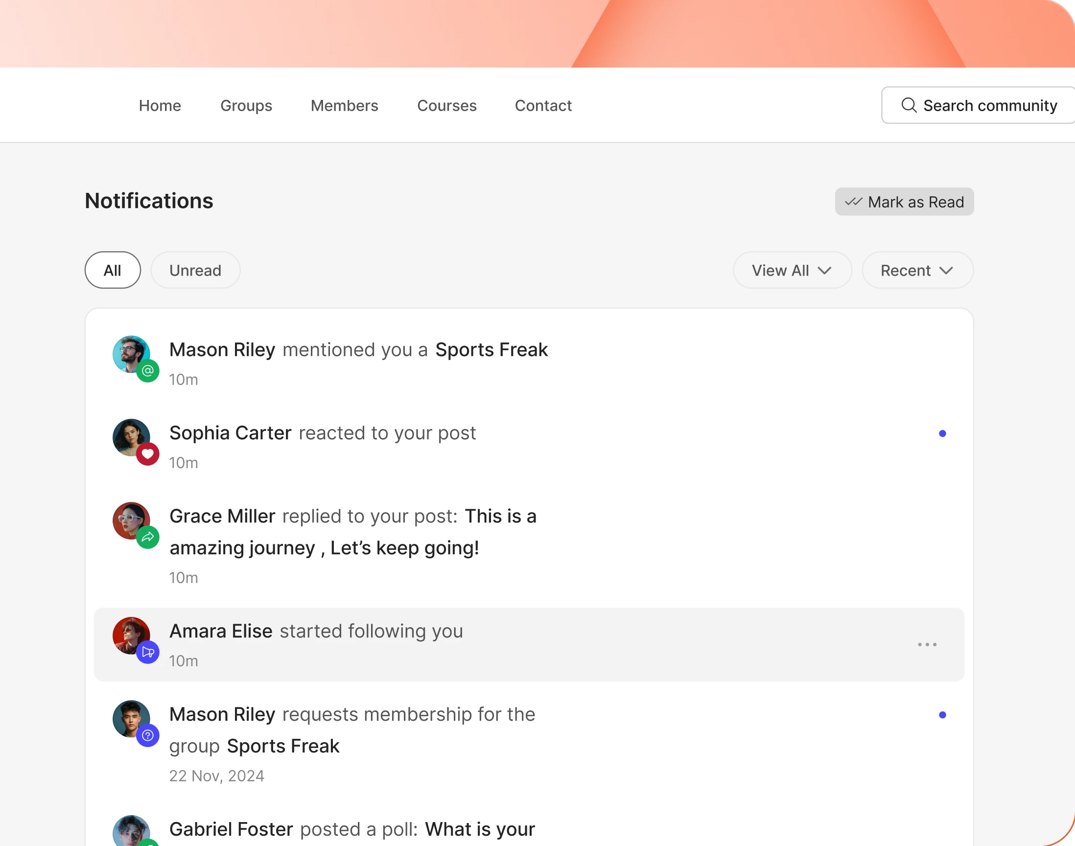 The full notifications screen with filters and bulk mark as read