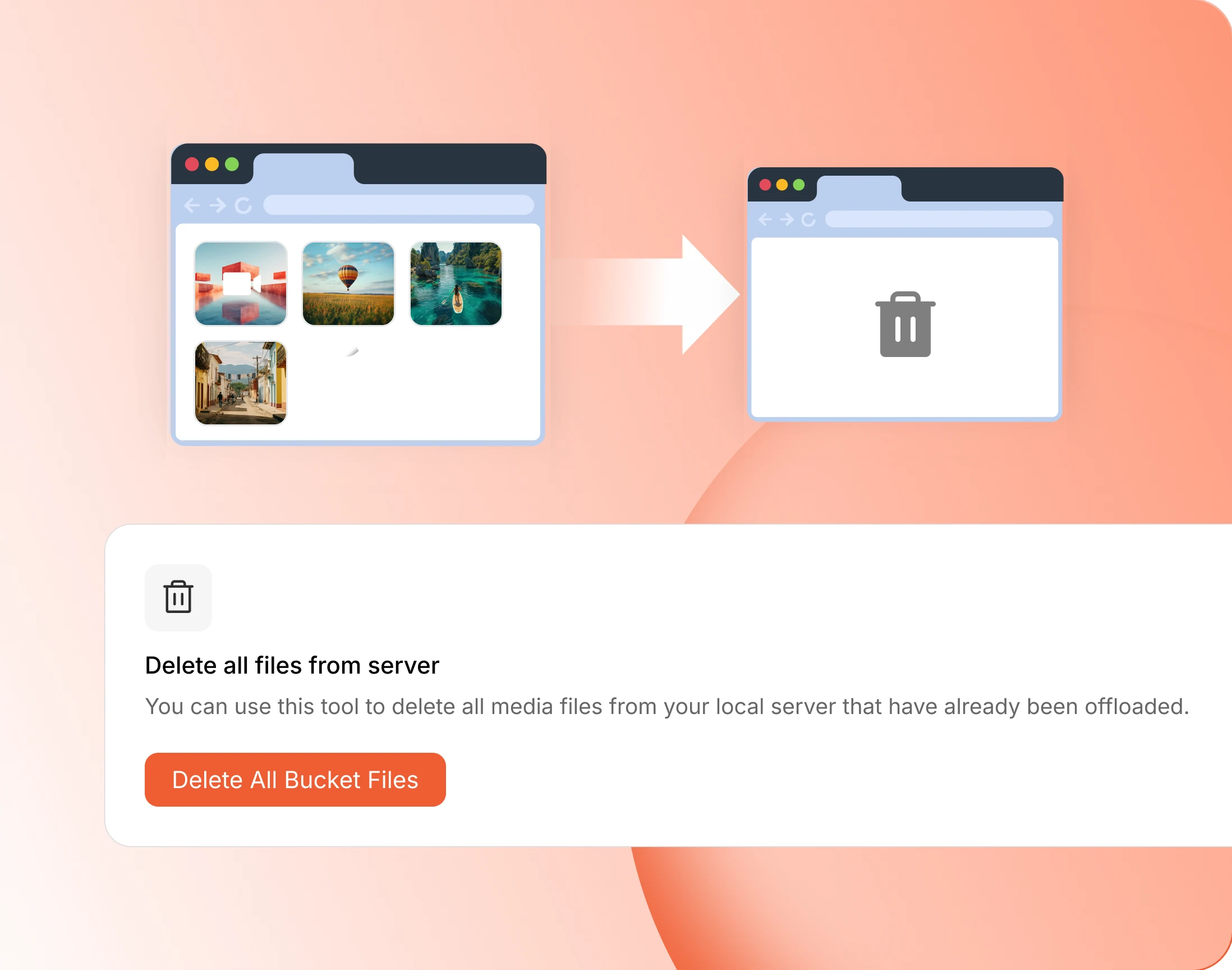 The Delete all files from server tool behind its confirmation