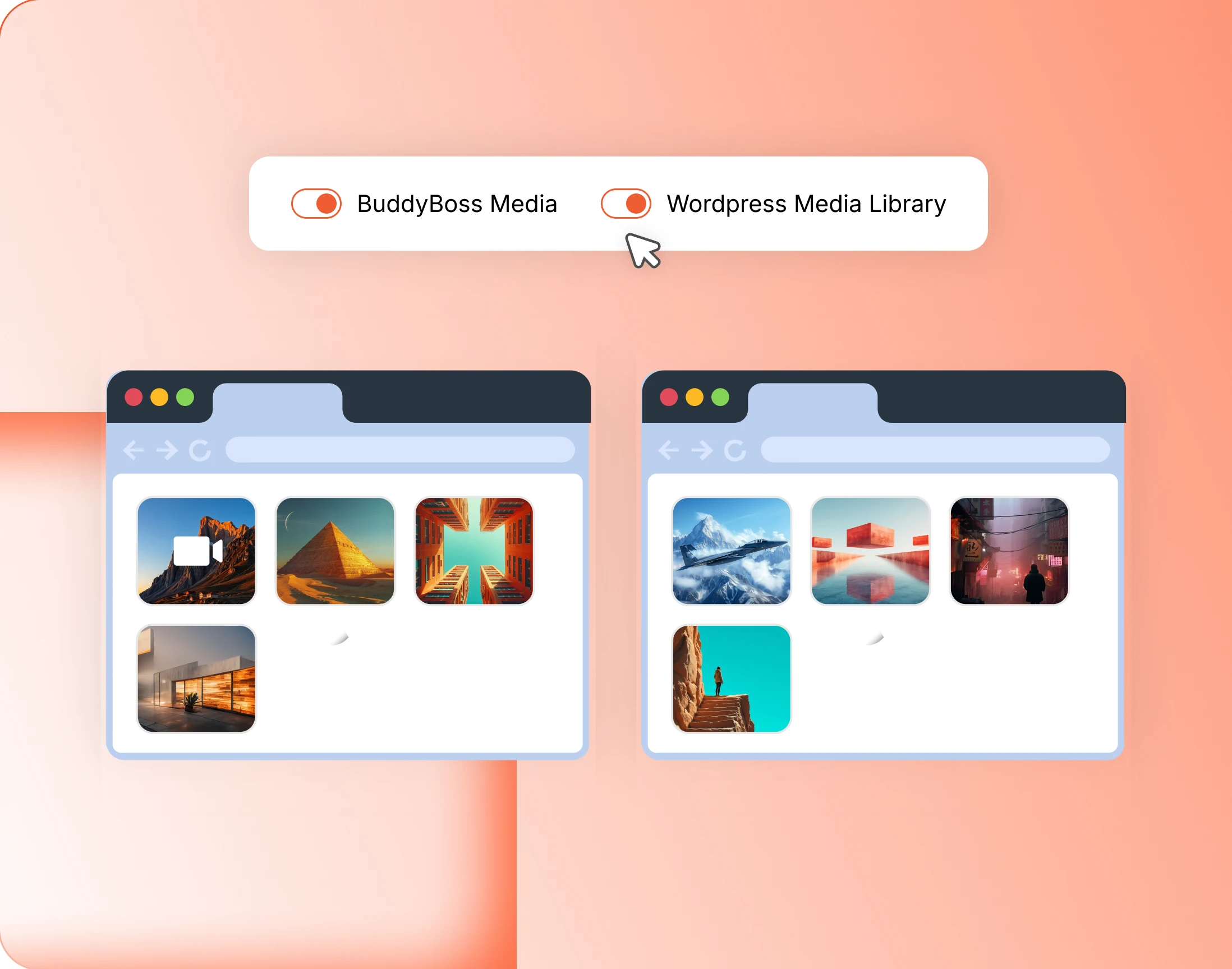 The two media type toggles BuddyBoss Media and WordPress Media Library