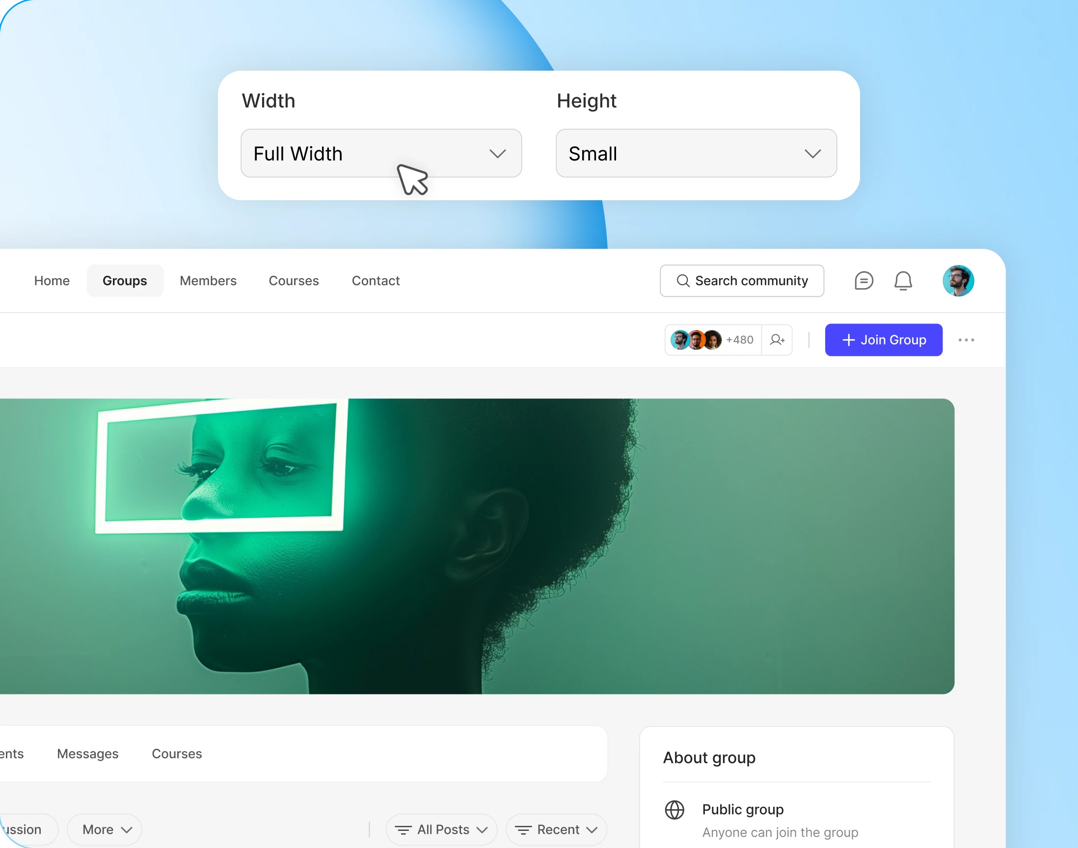 Cover image width and height dropdowns in the group admin
