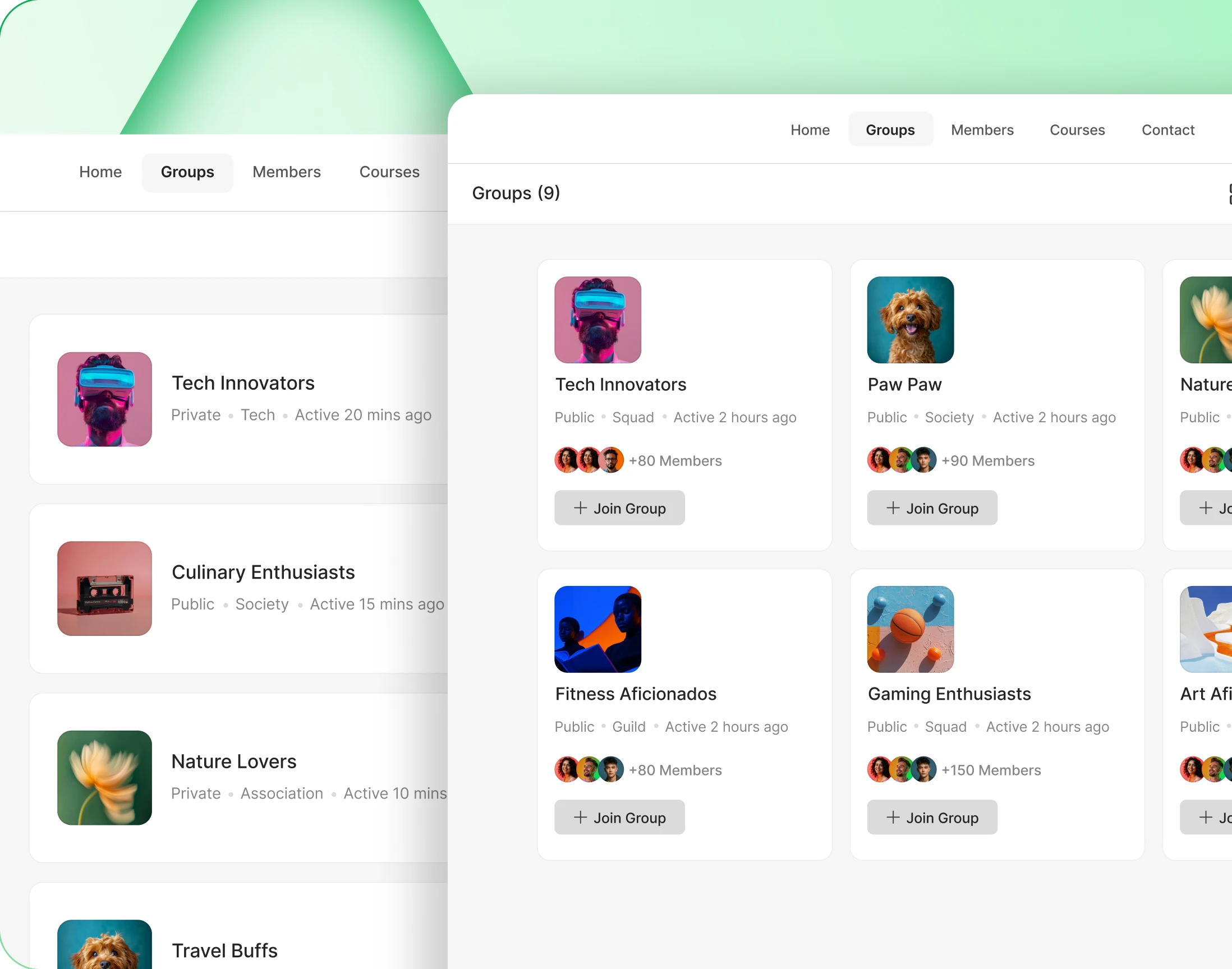 The groups directory in grid view with a list view switcher