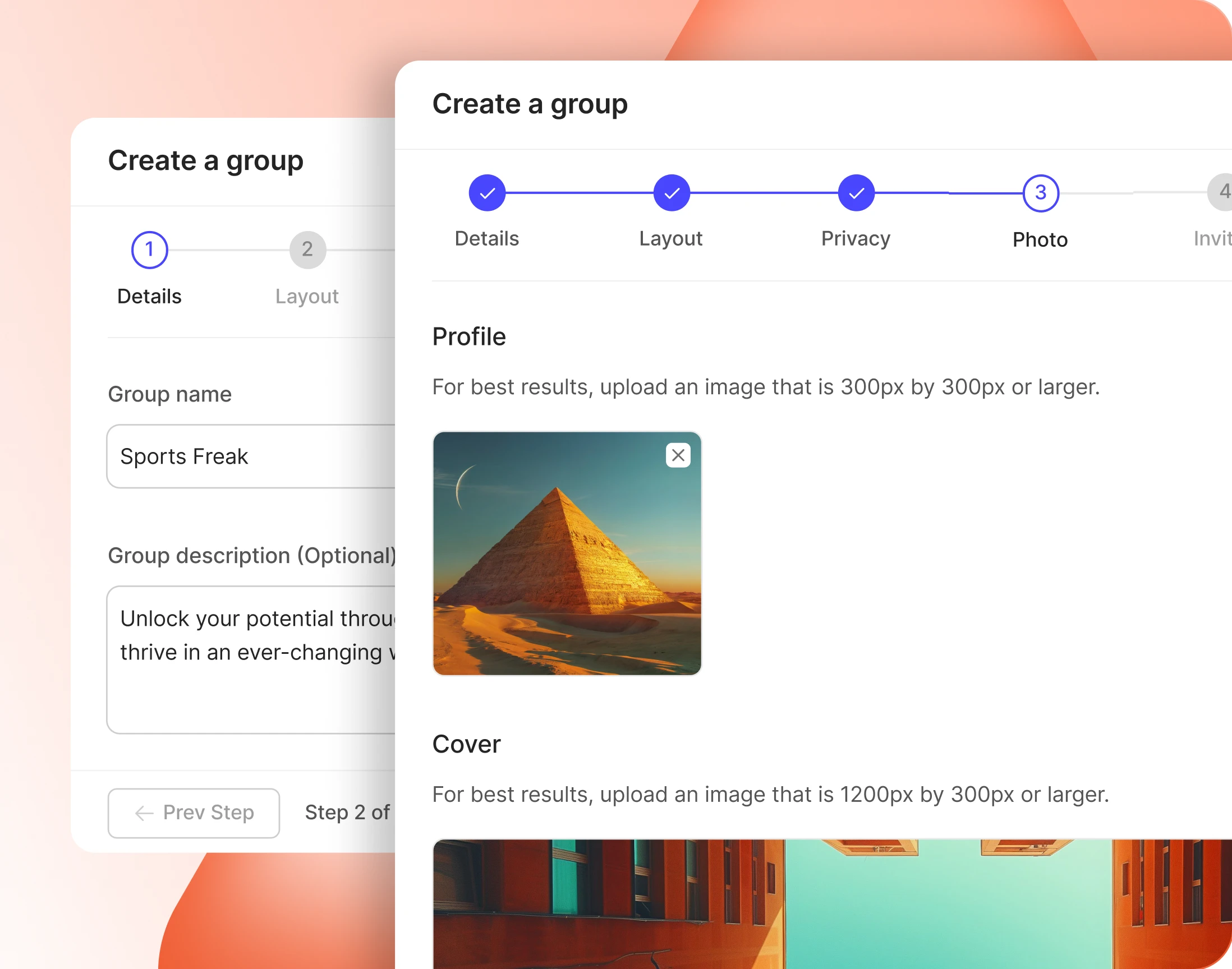 The five step Create a Group wizard on Details Privacy and Photo