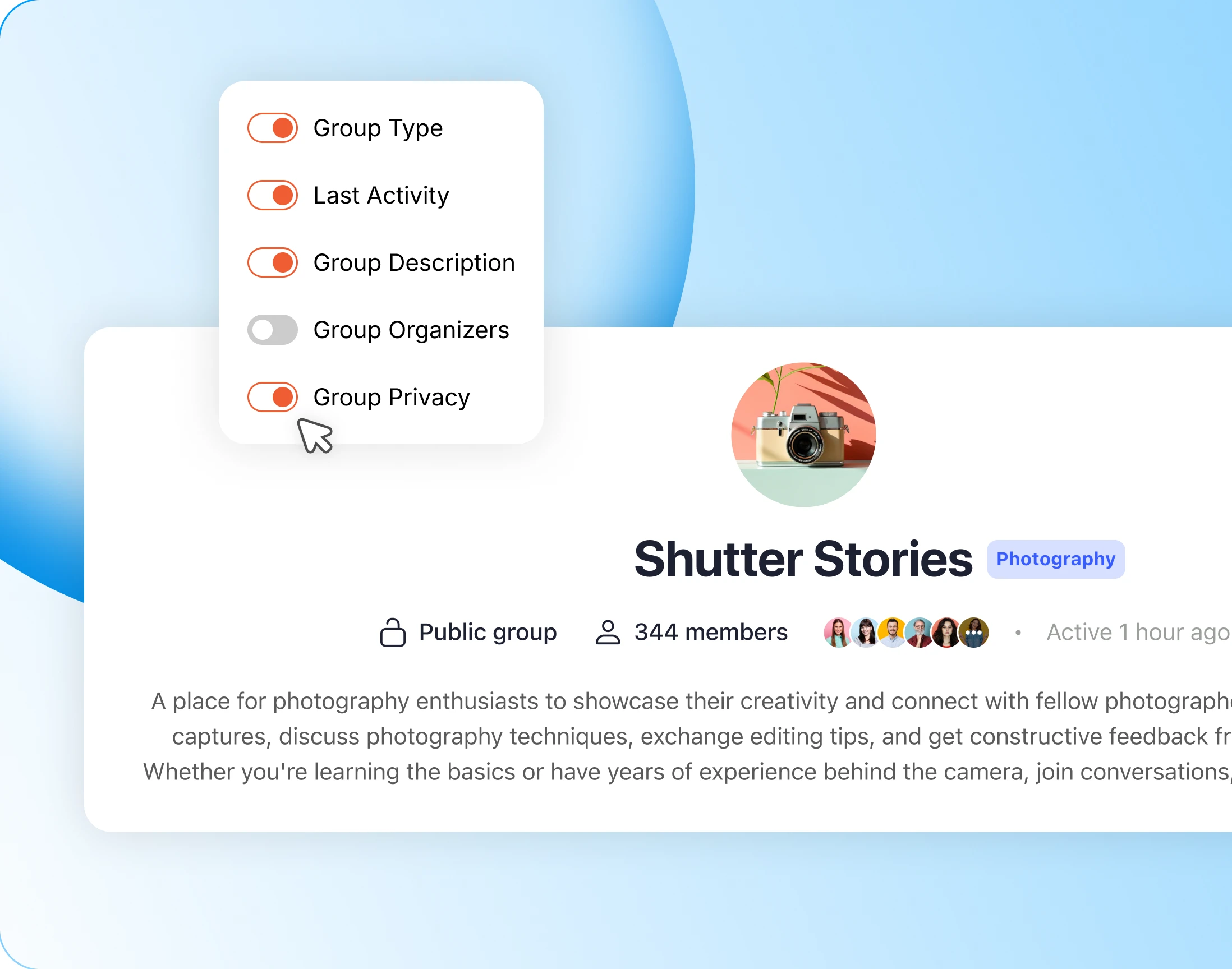 Toggles for group type last activity description organizers and privacy