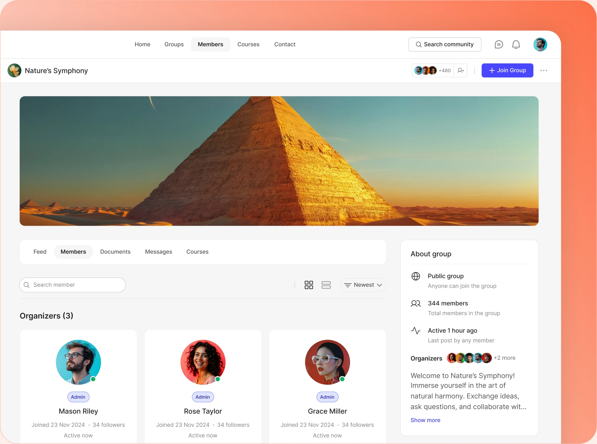 A BuddyBoss social group on desktop and on a phone side by side