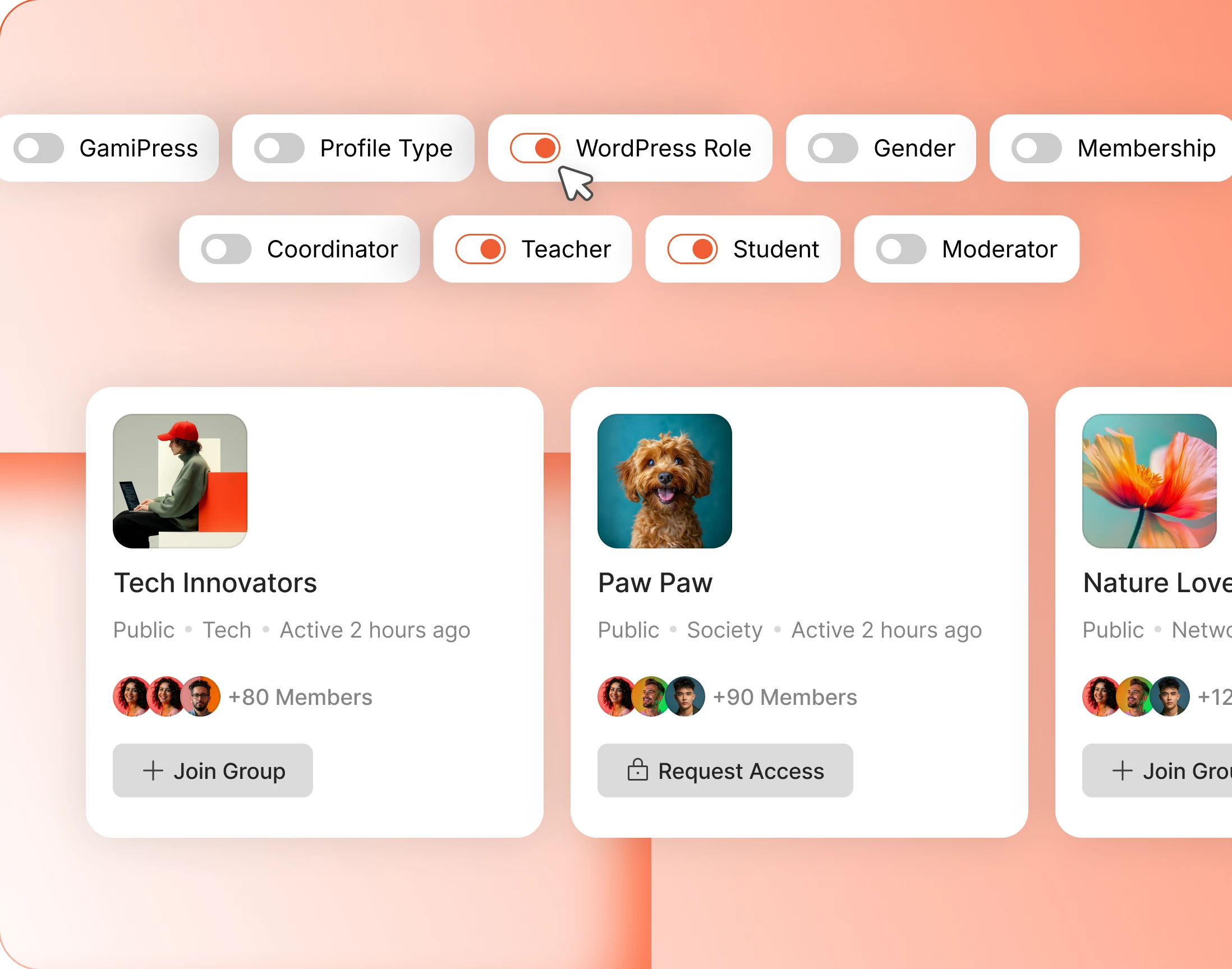 Join Group and Request Access buttons on public and private groups